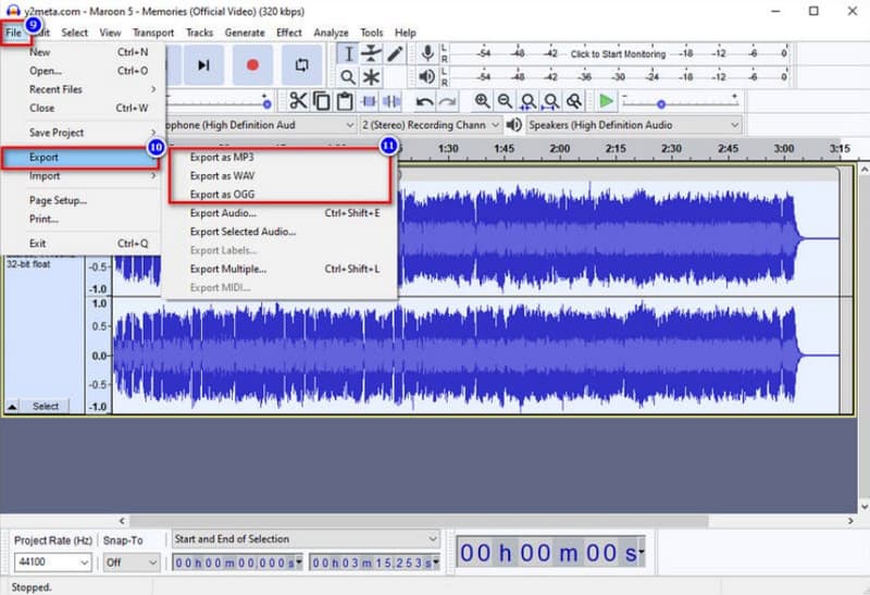 Audacity ส่งออกไฟล์ บีบอัดเสียง Audacity 