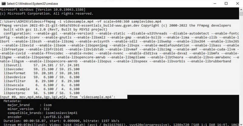 Redimensionador de vídeo del símbolo del sistema FFMPEG