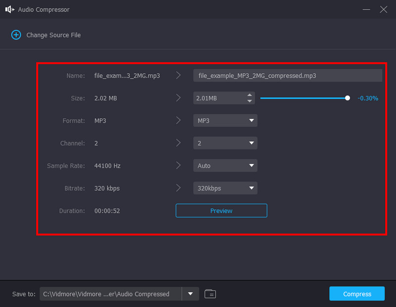 Vidmore Audio Compressor Edytuj kanał w formacie bitrate