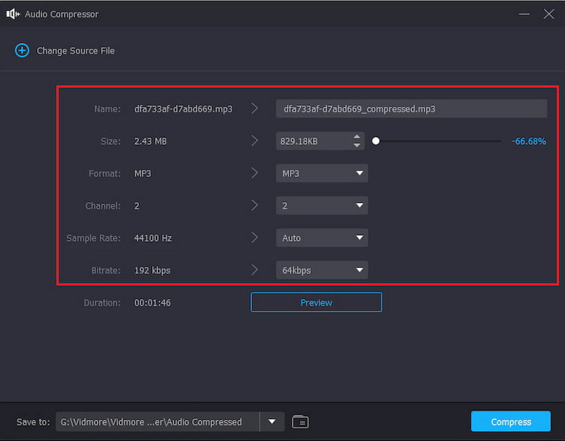 อัตราตัวอย่างรูปแบบขนาดคอมเพรสเซอร์ของ Vidmore Audio