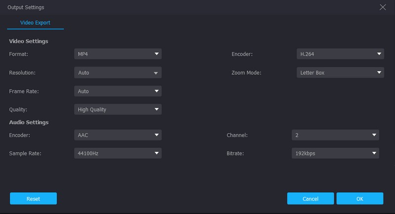 Configuración de salida del recortador de vídeo Vidmore