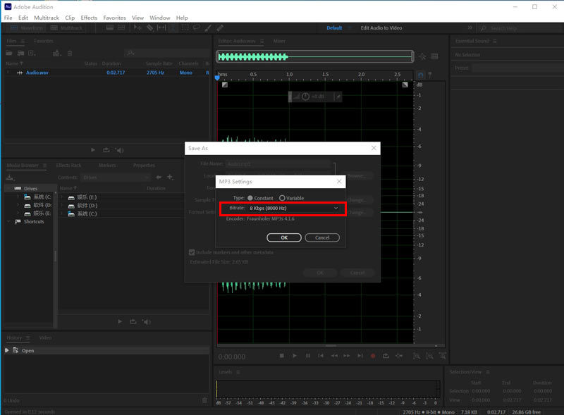 Velocità in bit di Adobe Audition Compress