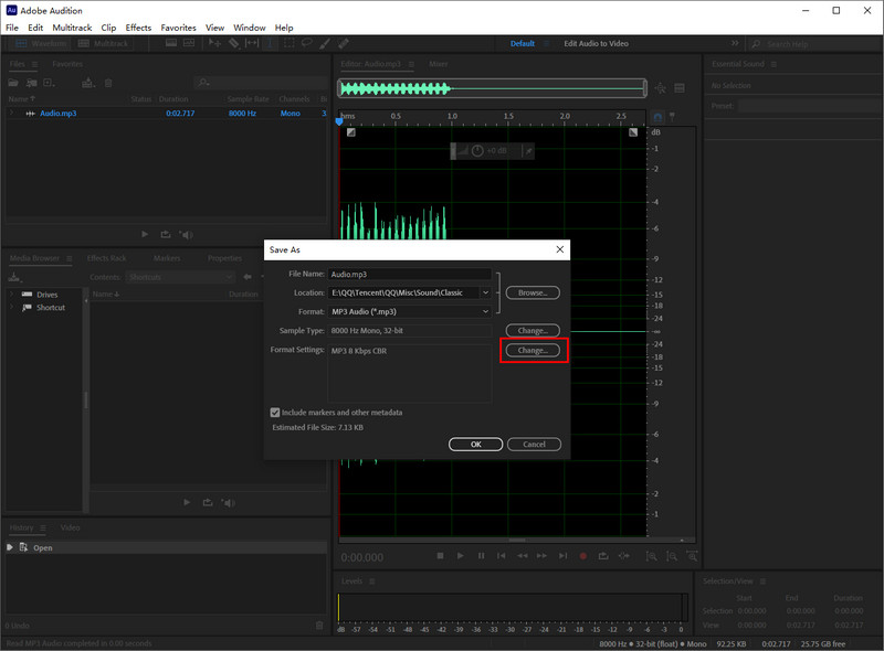 Adobe Audition Compressie-indelingsinstellingen