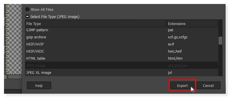 GIMP Export JPG fotografie