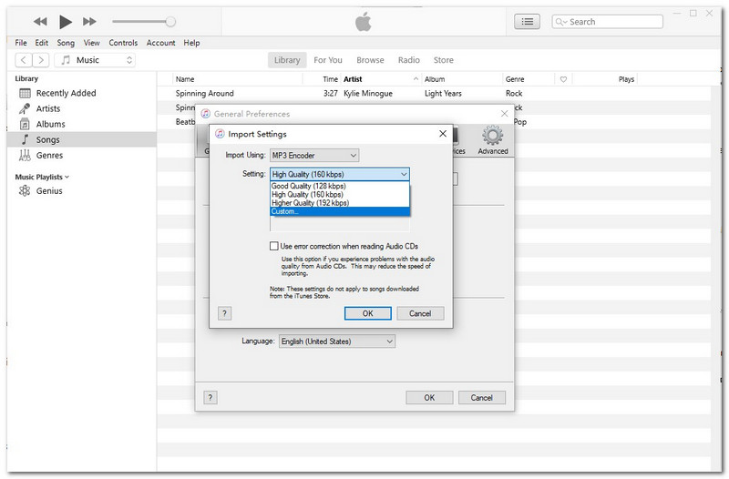 iTunes Import KBPS -asetukset