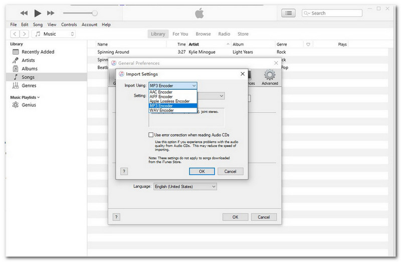 Codificador de MP3 de importação do iTunes