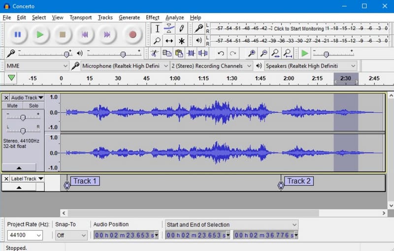 ממיר Audacity Audio באיכות נמוכה