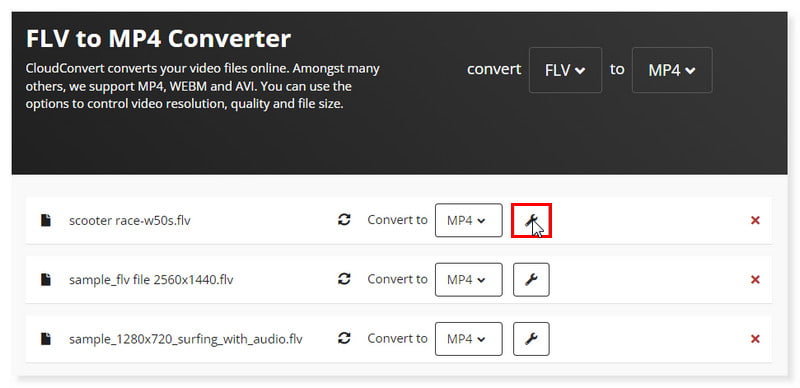 A Cloudconvert FLV előre beállított beállításai