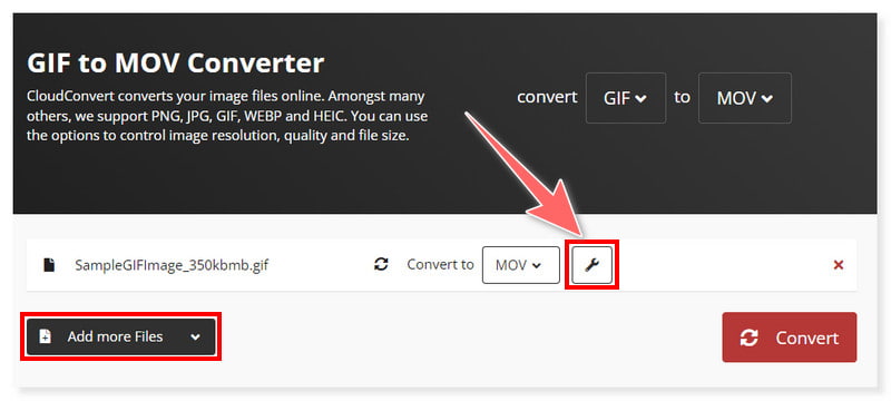 CloudConvert Velg MOV-utdataformat