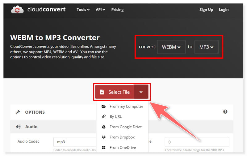 CloudConvert เลือกไฟล์ WebM