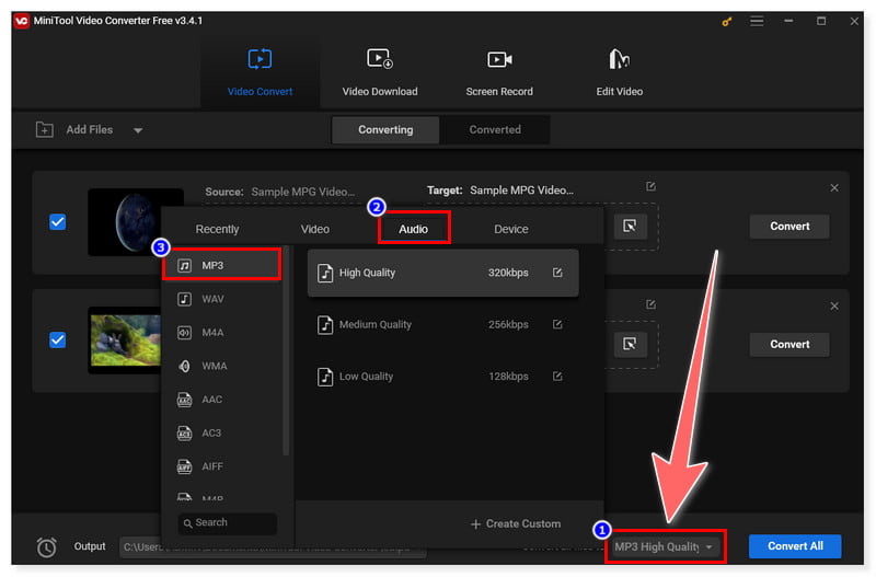 Minitool เลือกรูปแบบเอาต์พุต MP3