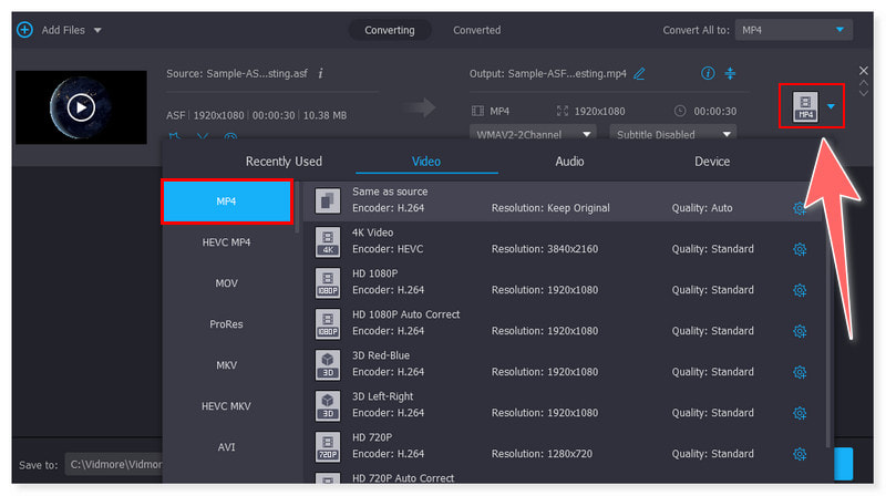 Vidmore Pilih Format Output ASF