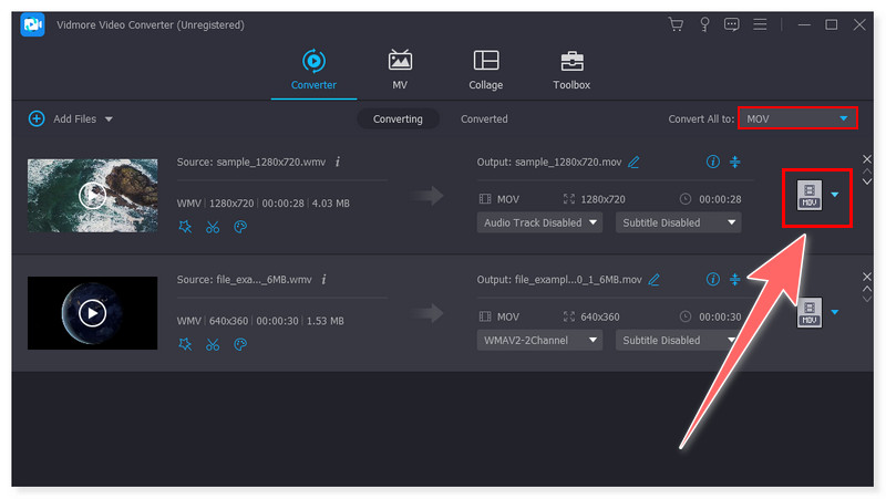 Vidmore MOV Çıkış Formatını Seçin