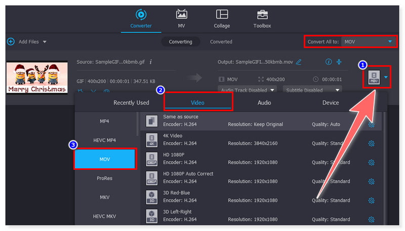 Vidmore Pilih Format Output MOV