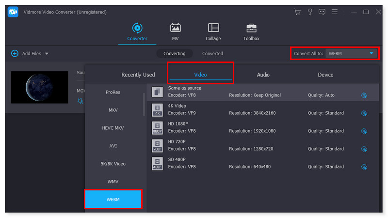 Vidmore Seleziona il formato di output WEBM