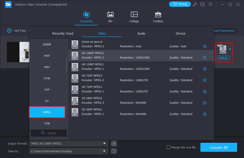 اختر تنسيق إخراج Mpeg