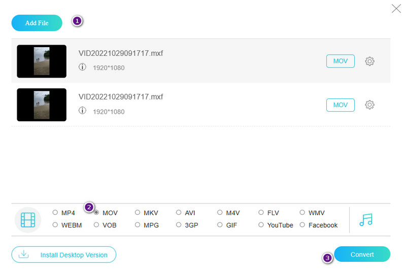 Online MXF MOV pretvaranje datoteka