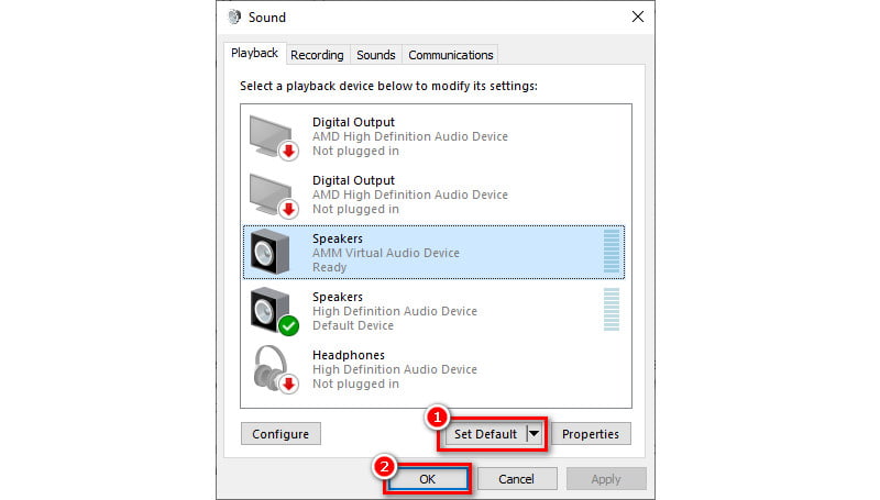 Set Speakers as Default Audio Device