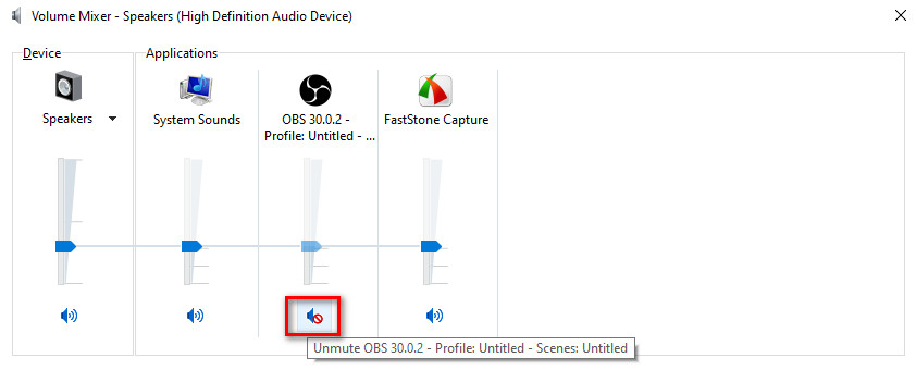 Poista mykistys OBS Volume Mixer