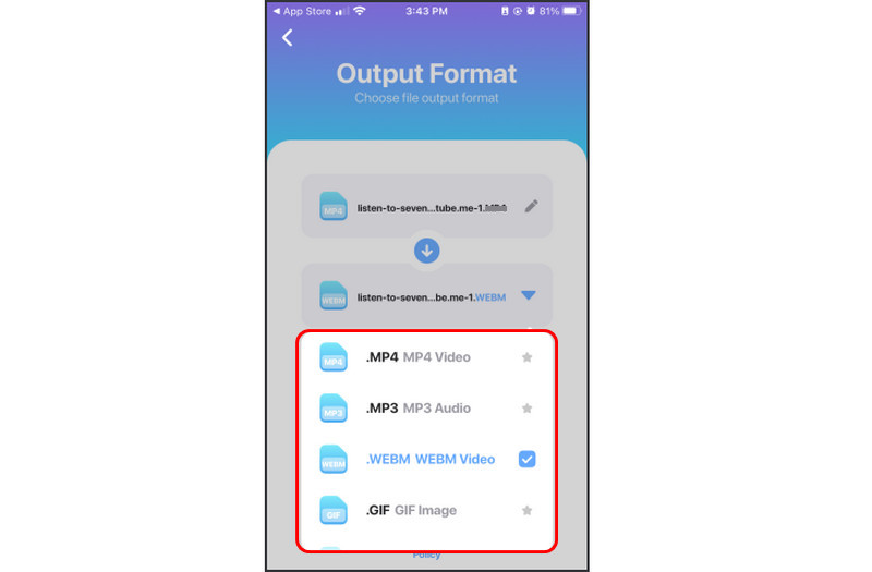 Video Converter Selectați formatul de ieșire 