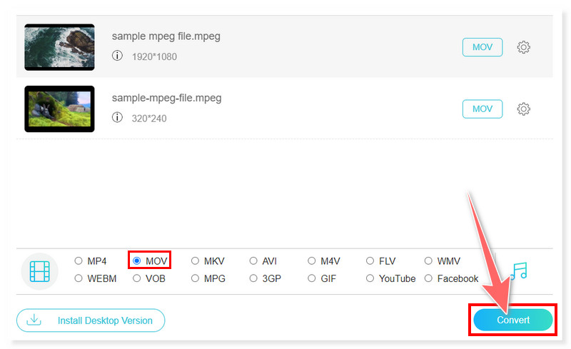 Vidmore Online MPEG naar MOV-converter