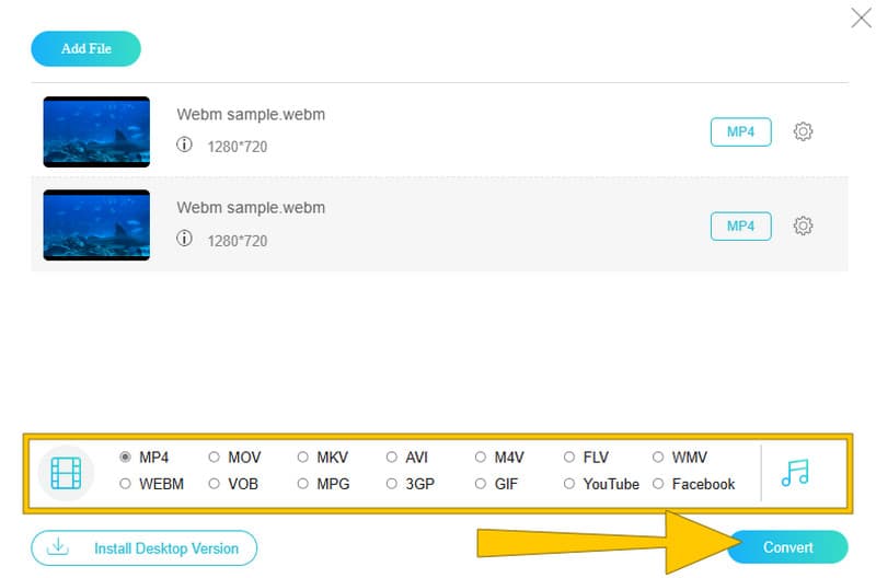 Conversor WebM Conjunto Online Grátis Converter