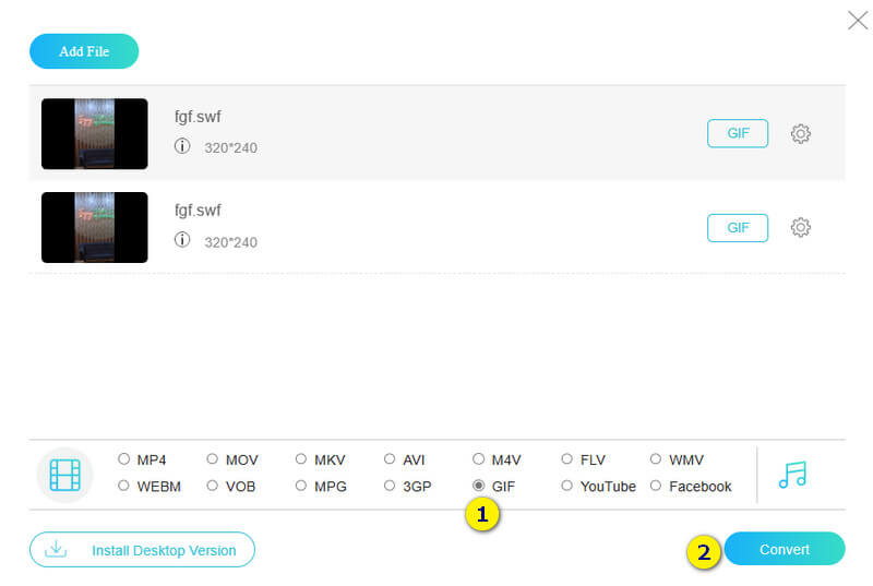 Convertir SWF GIF en línea Conjunto Convertir