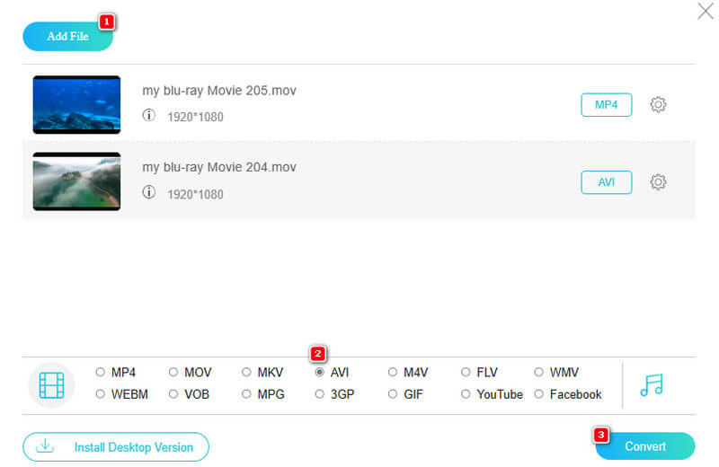 MOV AVI Online Set Convert Files