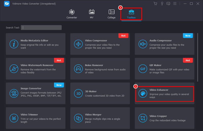 Seleccione Caja de herramientas y luego Mejorador de video