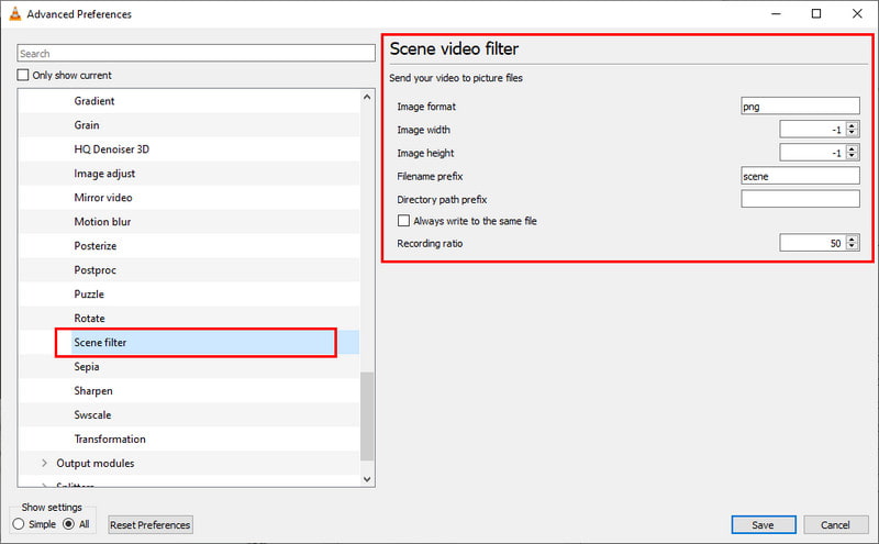 Configuración del filtro de video de la escena