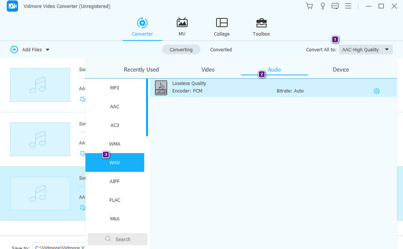 Conjunto de archivos AAC-WAV de Vidmore