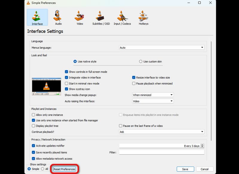 إعادة تعيين تفضيلات Vlc