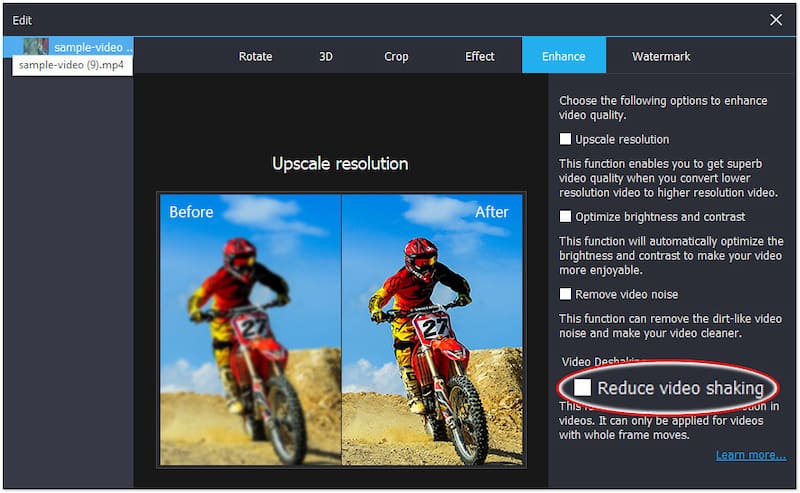 Επιλέξτε Reduce Video Shaking Option