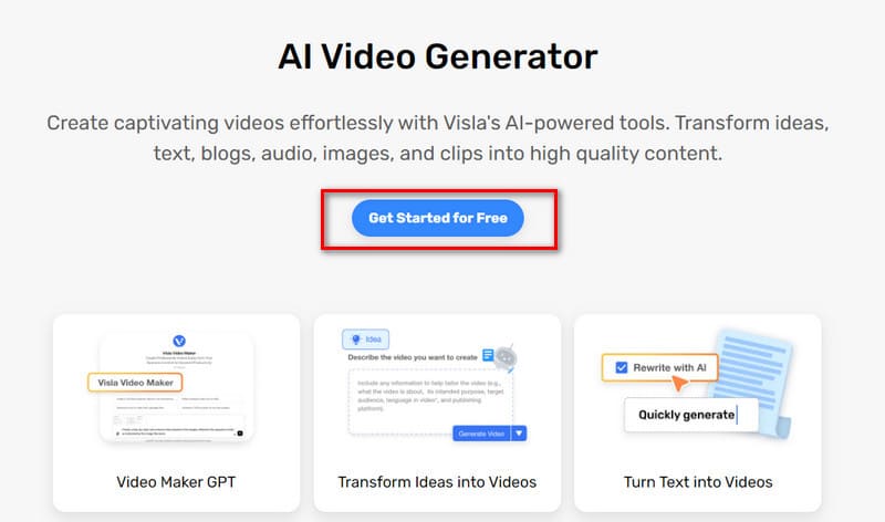 Visla AI Video Generator Page