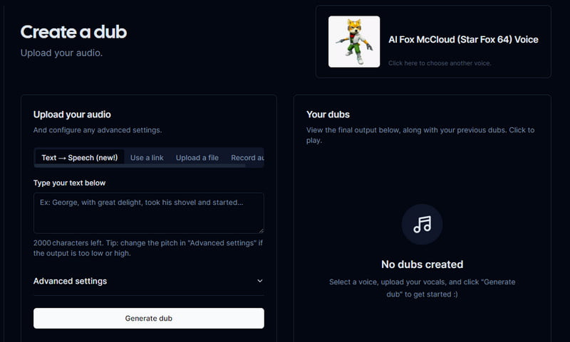 Voicedub AI Fox Voice Generator