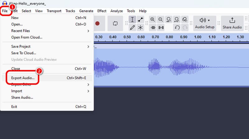 Opción de exportación de audio de Audacity