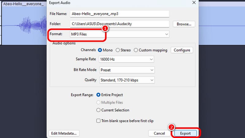 Opcija formatiranja Odaberite Mp3 Audacity