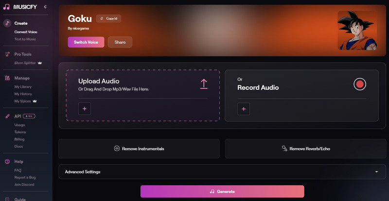 Musicfy Goku AI Voice