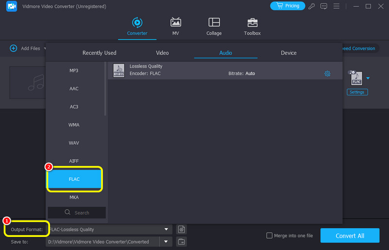 Formato di output Scegli Flac Vidmore