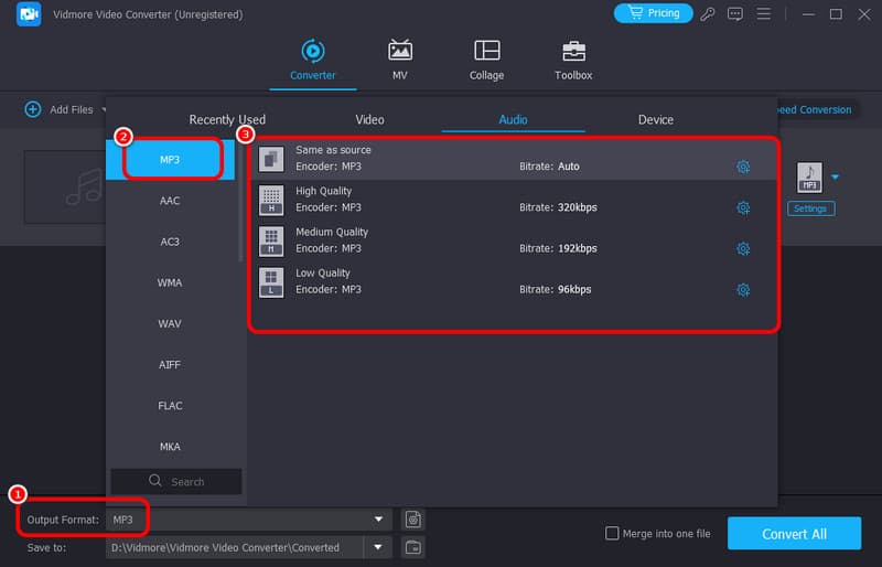 आउटपुट प्रारूप Mp3 चुनें Vidmore