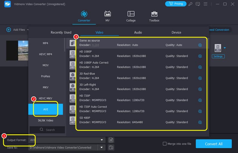 Formatos de saída Selecione Avi Vidmore