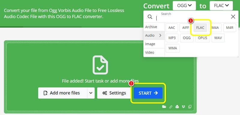 Επιλέξτε Flac Format Start Onlineconvert