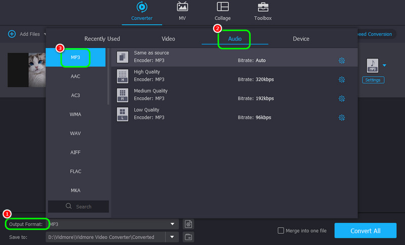 Output Format Section Selct Mp3 Vidmore