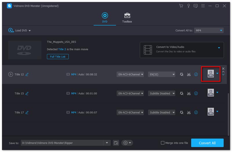 Pilih format output dvd