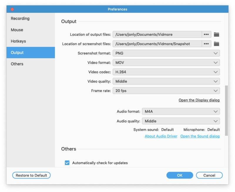 Configurações de gravação