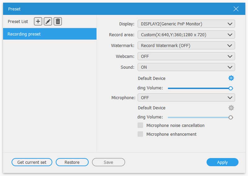 Configurações predefinidas