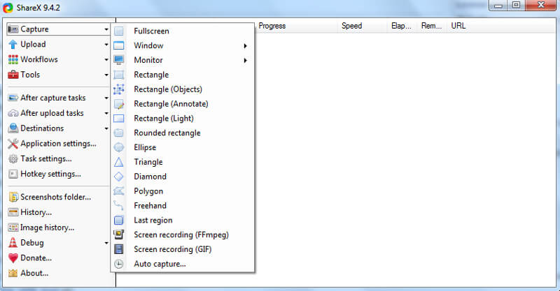 Opciones de captura de Sharex