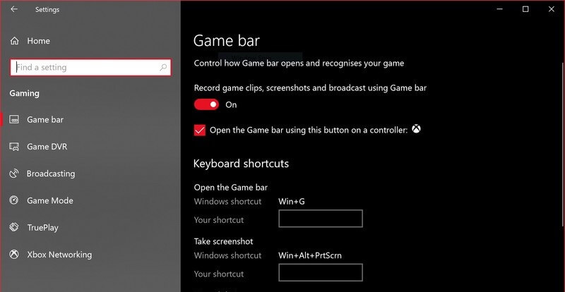 Menú de la barra de juegos de Windows 10