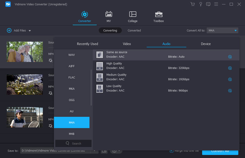 Postavite M4A audio format